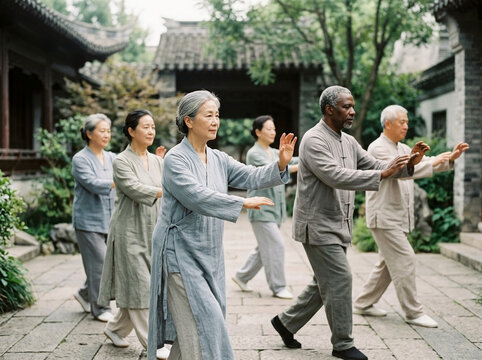 Photographie claire d’un groupe pratiquant le Qi Gong dans un jardin chinois avec des plantes